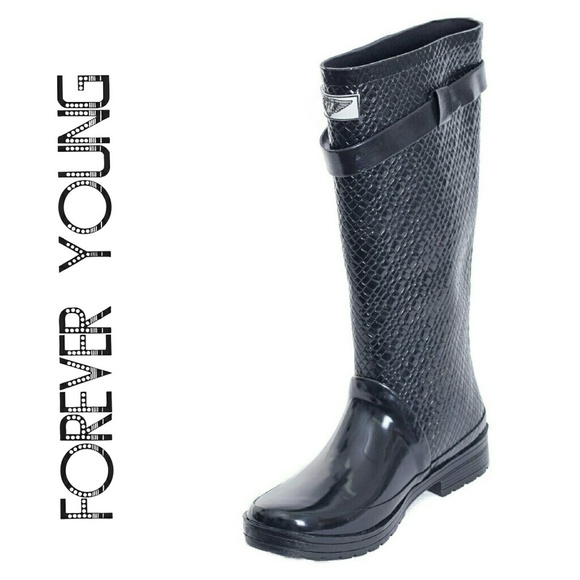 Women's Rainboots, Rubber Tall Quilted Rain Boots, RB-1533, Black - Picture 1 of 4